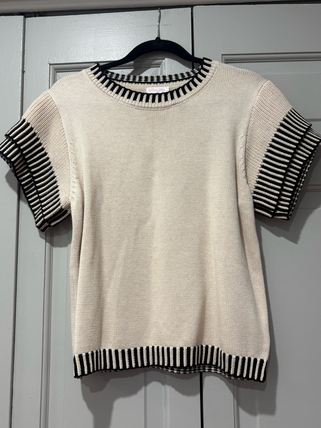 Pink Lily Cream Knit Top With Black Stripe Trim